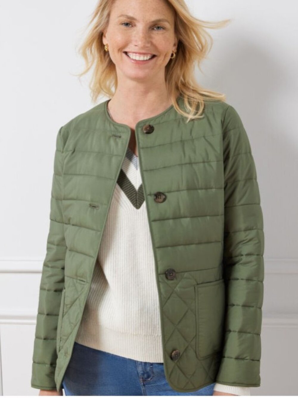 NWOT Talbots Quilted Collarless Jacket in Olive Green Size LP